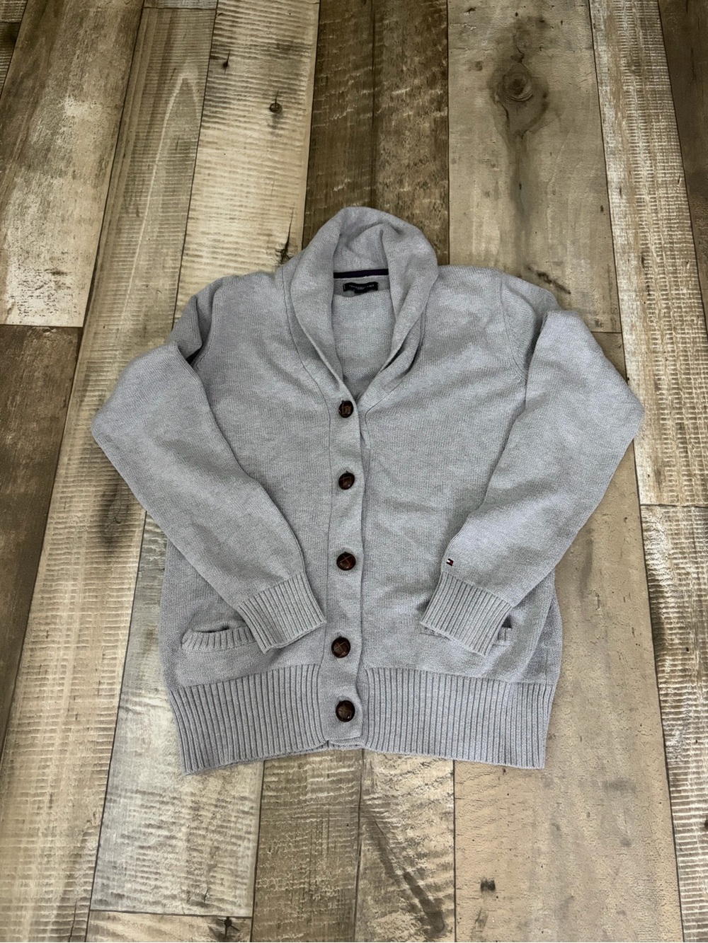 Tommy Hilfiger Light Gray Knit Sweater with Navy Trim